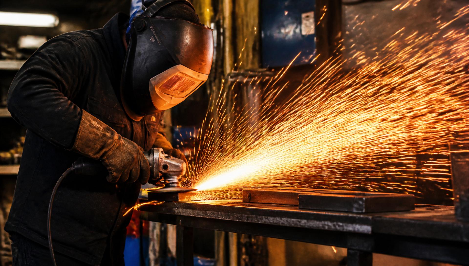 Welder using an angle grinder throwing orange sparks in a workshop